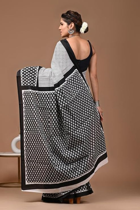 Leel Mulmul Cotton Hand Block Printed Saree